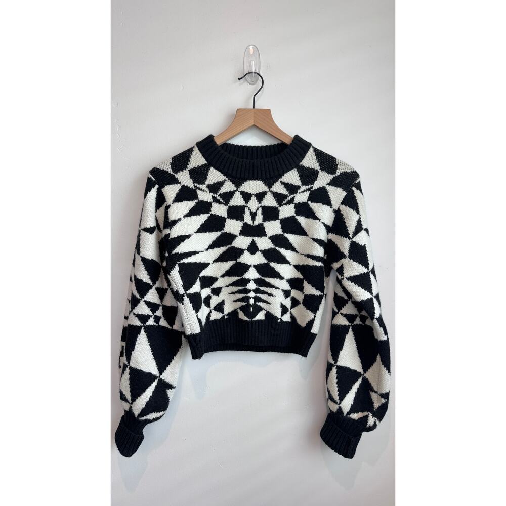 Farm Rio Heart Deco Knit Sweater Black White XS Wool Blend - Picture 3 of 9